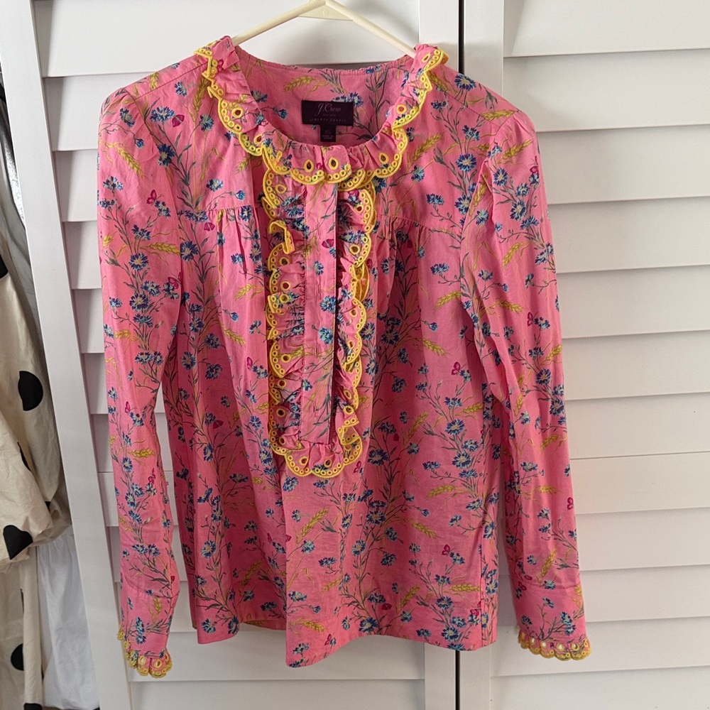 J. Crew Pink Floral Blouse with Yellow Trim